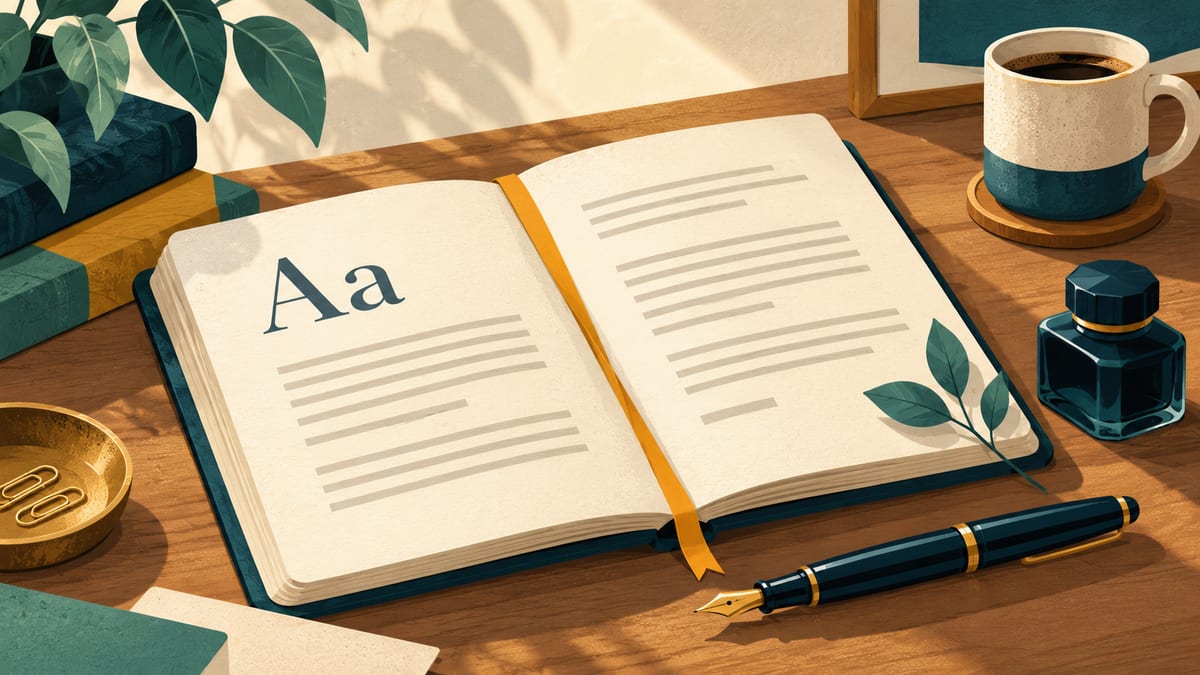 Open notebook with sample prose, a fountain pen, and an ink bottle.