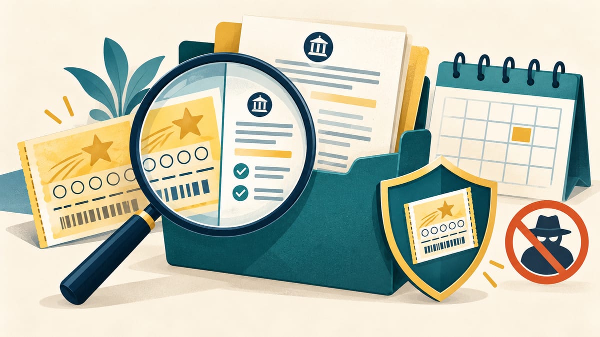 Ticket comparison, document folder, calendar, and shield for checking lottery claim instructions.