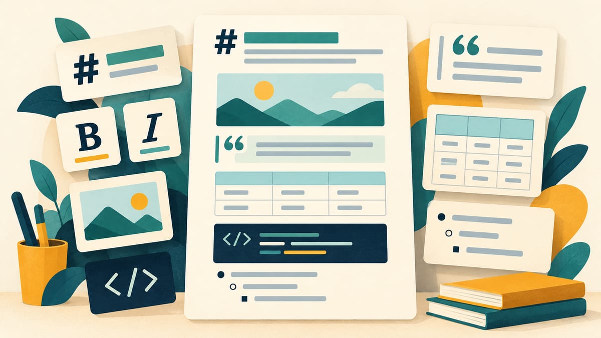 Illustrated Markdown page with headings, quotes, tables, code, and lists.