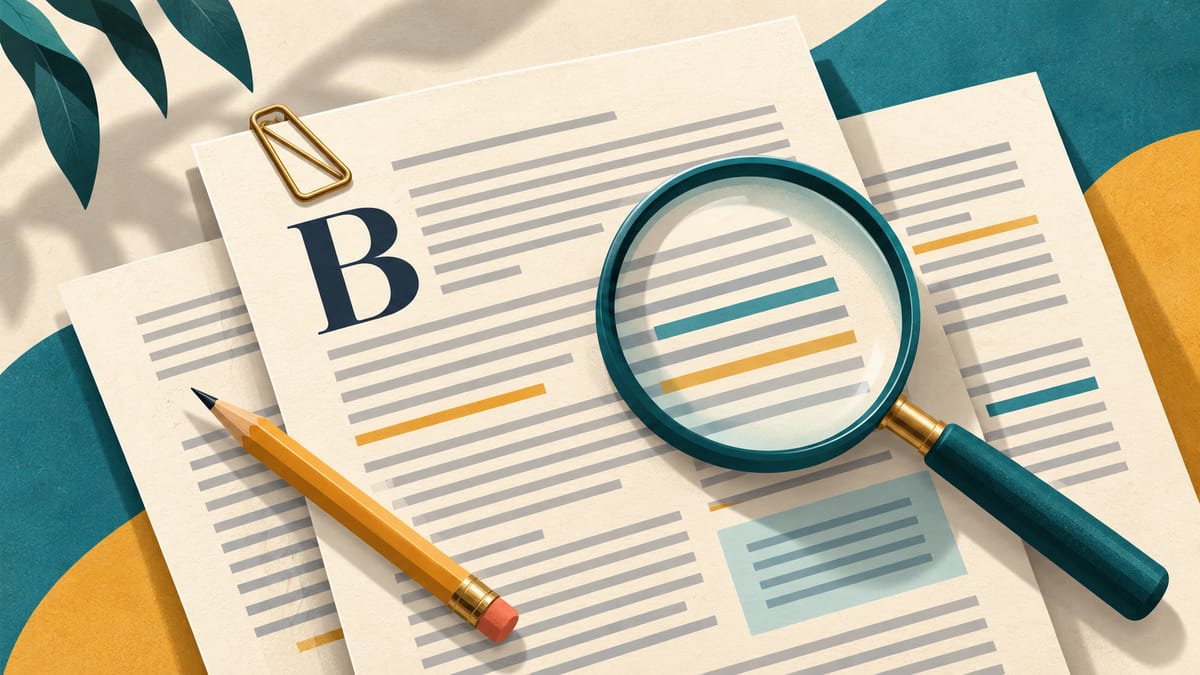 Sample typeset proof sheets with a magnifying glass and pencil.