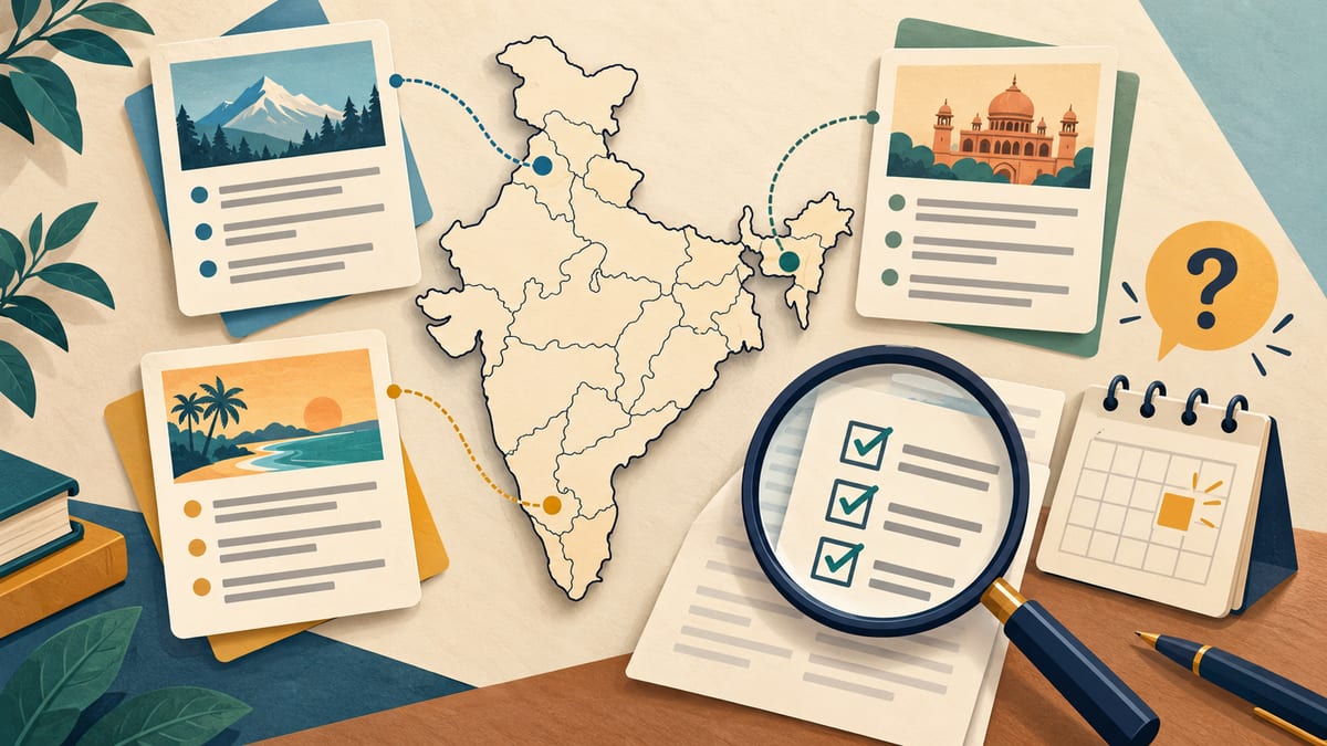 Illustrated India map and document checklists for comparing state lottery rules.