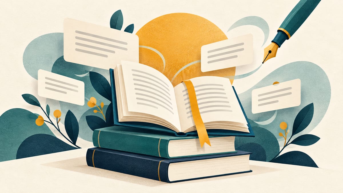 Open book and stacked volumes surrounded by sample paragraph cards.