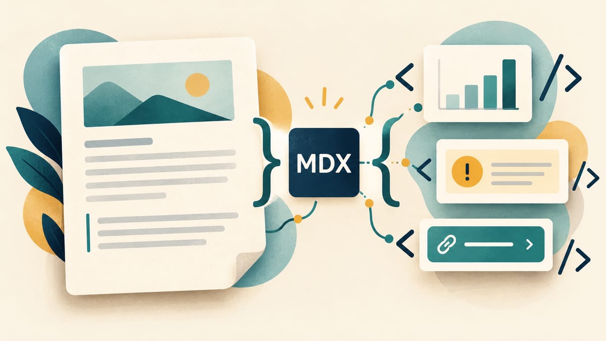 Markdown content connected through MDX to chart, alert, and link components.